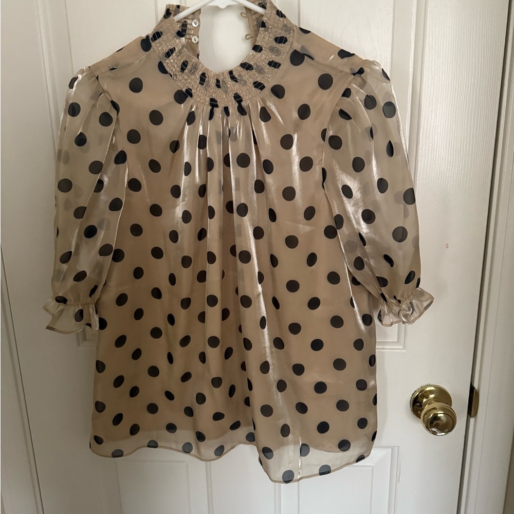 English Factory Sheer Polka Dot Blouse in Black and Tan